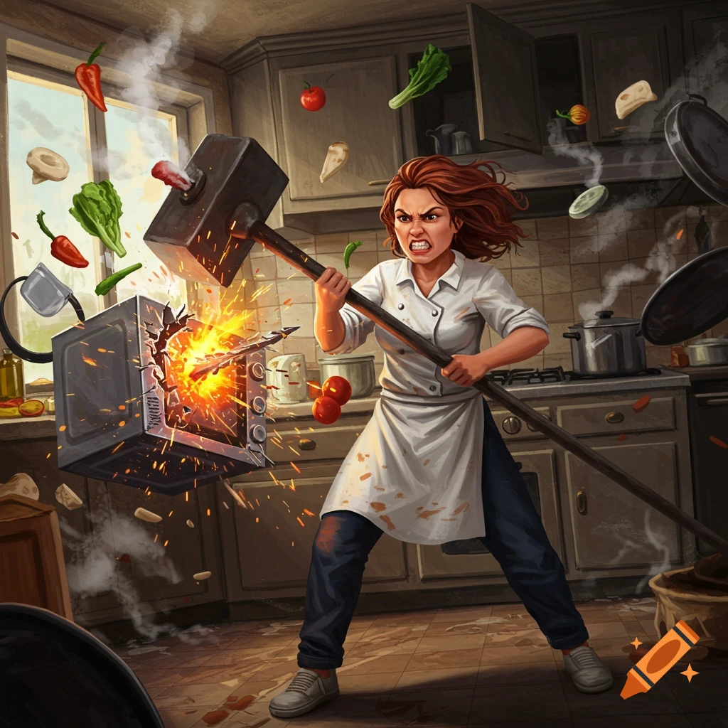 An angry female chef in a white apron smashes a microwave with a large hammer, causing sparks and food to fly in a chaotic kitchen. Stylized illustration.