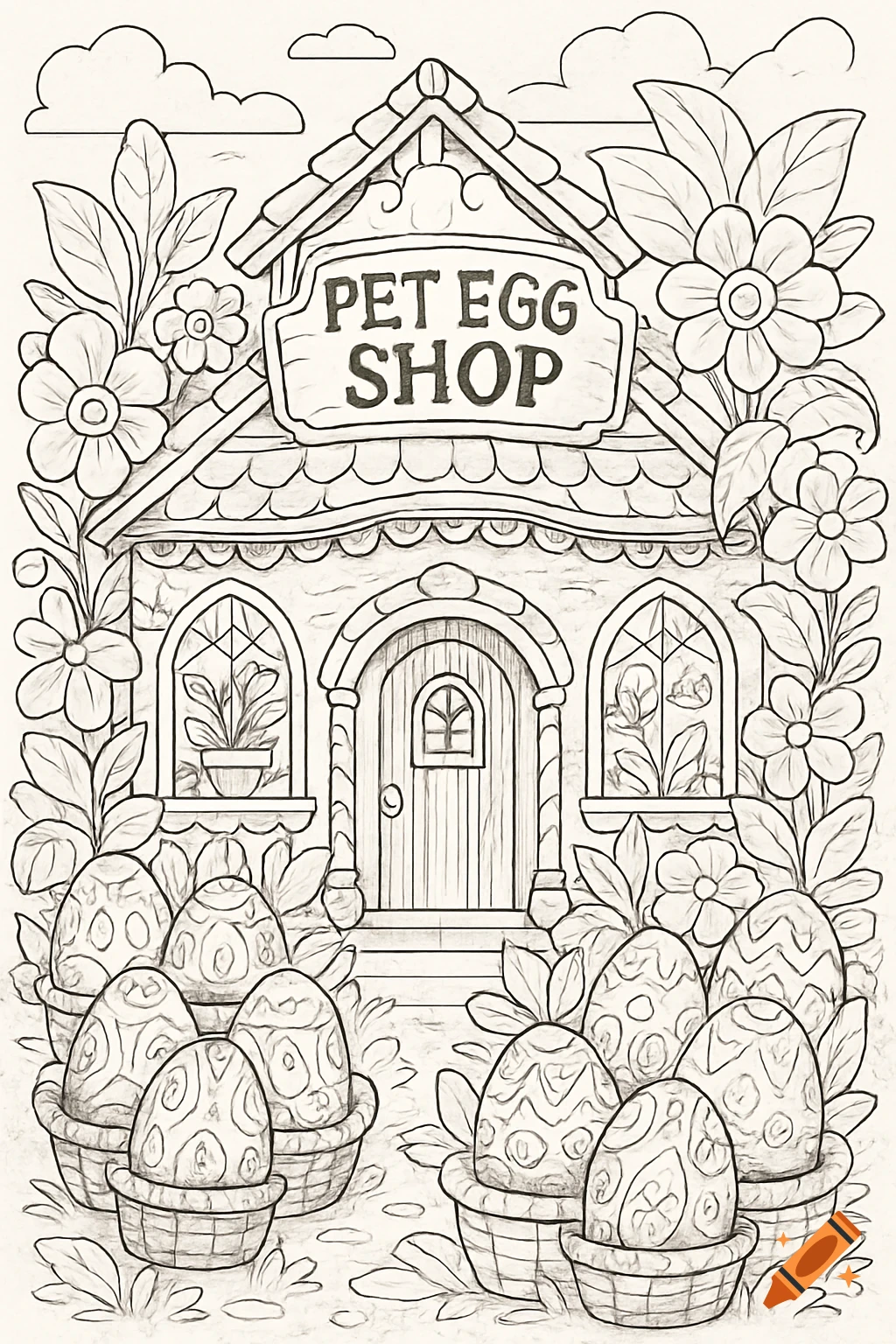 A black and white line drawing of the 'PET EGG SHOP' with baskets of decorated eggs and flowers.