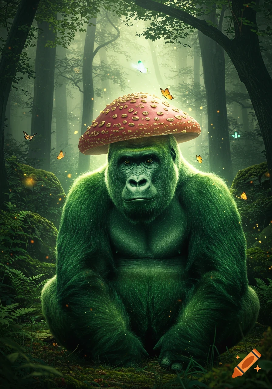 A vibrant green gorilla sits in a misty forest, wearing a red mushroom as a hat, surrounded by glowing particles and butterflies.