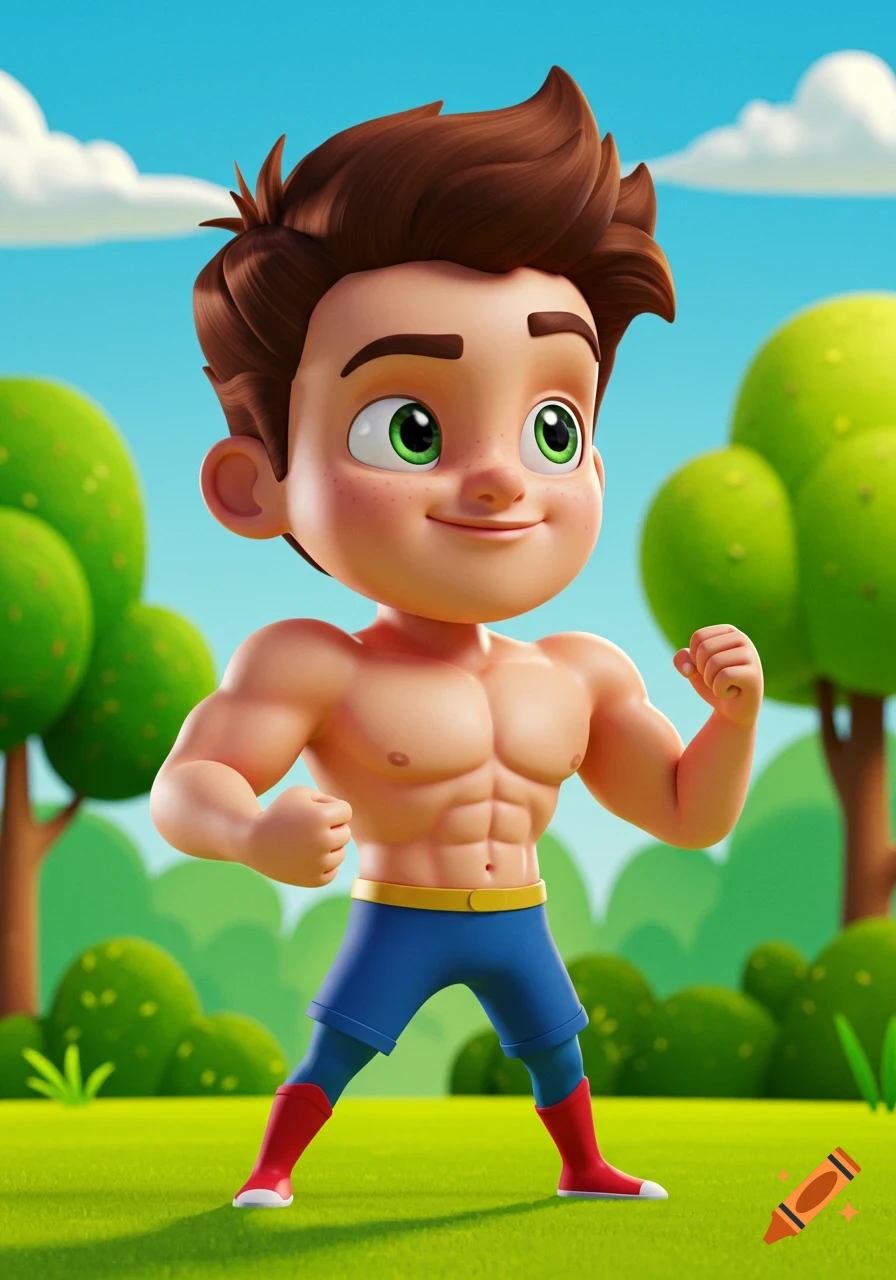 A muscular cartoon boy with green eyes and brown hair, flexing his biceps in a grassy outdoor setting.