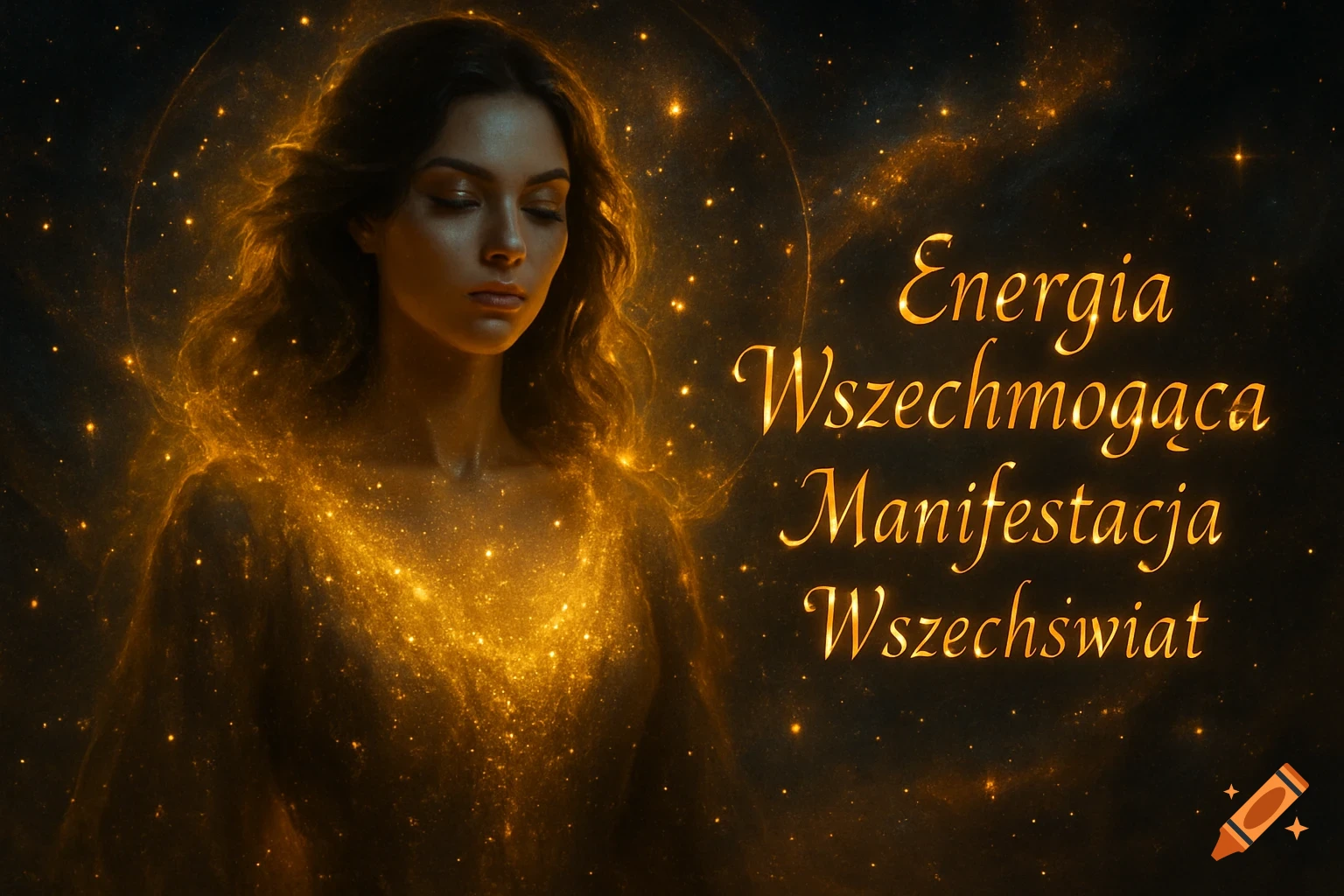 A woman with closed eyes is surrounded by golden glowing cosmic energy on a starry background, with Polish text on the right.