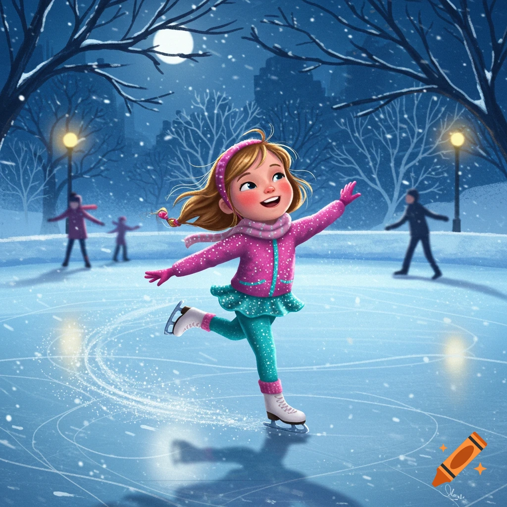 A cheerful animated little girl ice skating in a snowy park at night, illuminated by lamplight and moonlight.