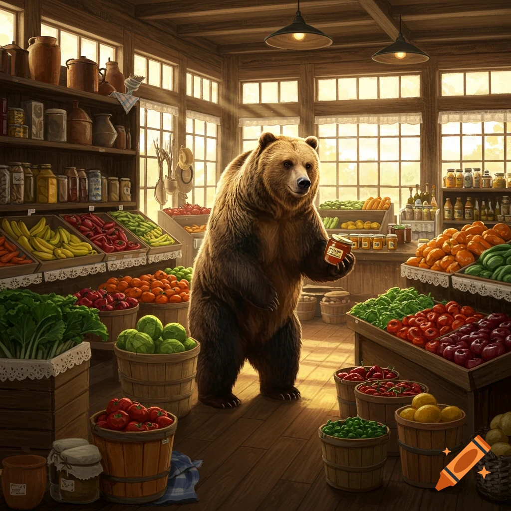 A photorealistic image of a grizzly bear standing upright in a rustic grocery store, holding a jar of jam, surrounded by produce.