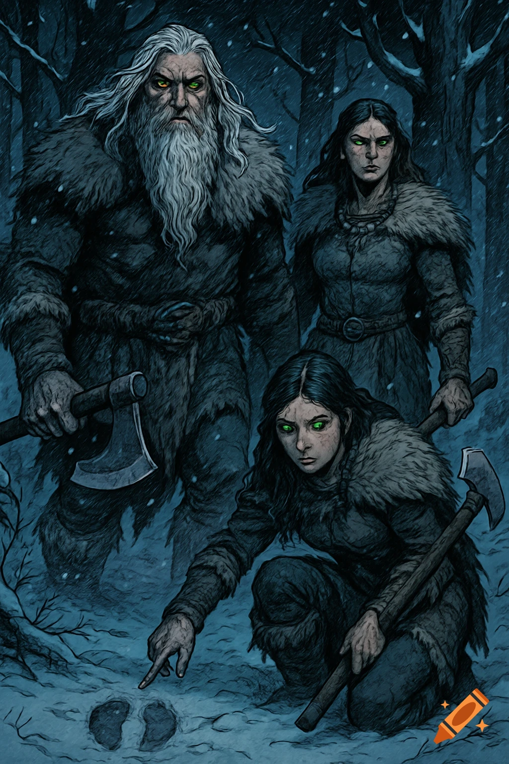 Three warriors in fur armor, a man, a woman, and a young woman, in a snowy forest, examining tracks. Comic art style.