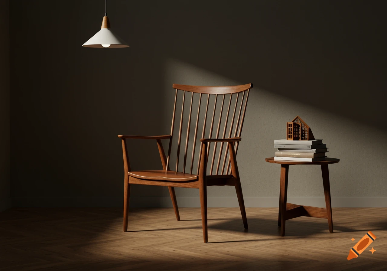 A minimalist wooden spindle-back armchair, side table with books, and pendant lamp in a room with strong sidelight.