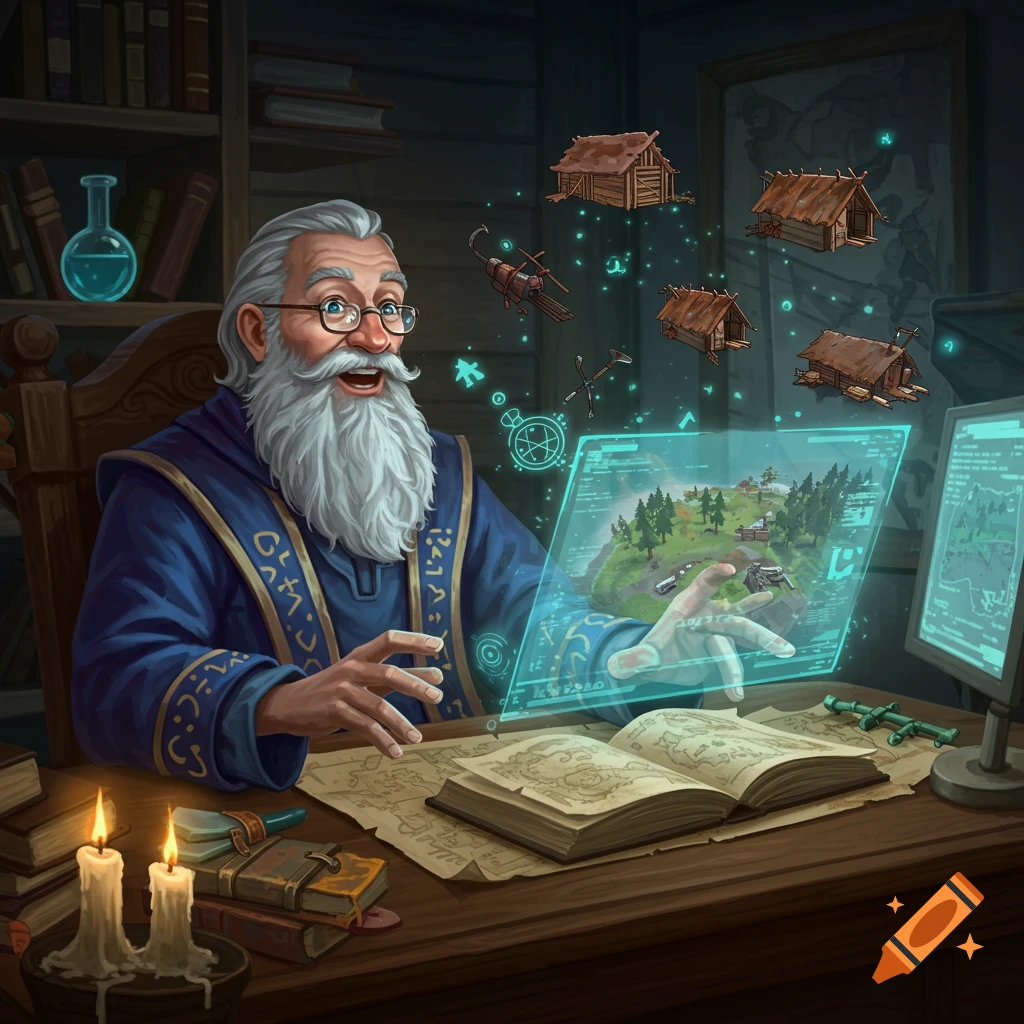 A gray-bearded wizard in blue robes uses a glowing holographic interface displaying a map and floating wooden houses, in a fantasy digital art style.