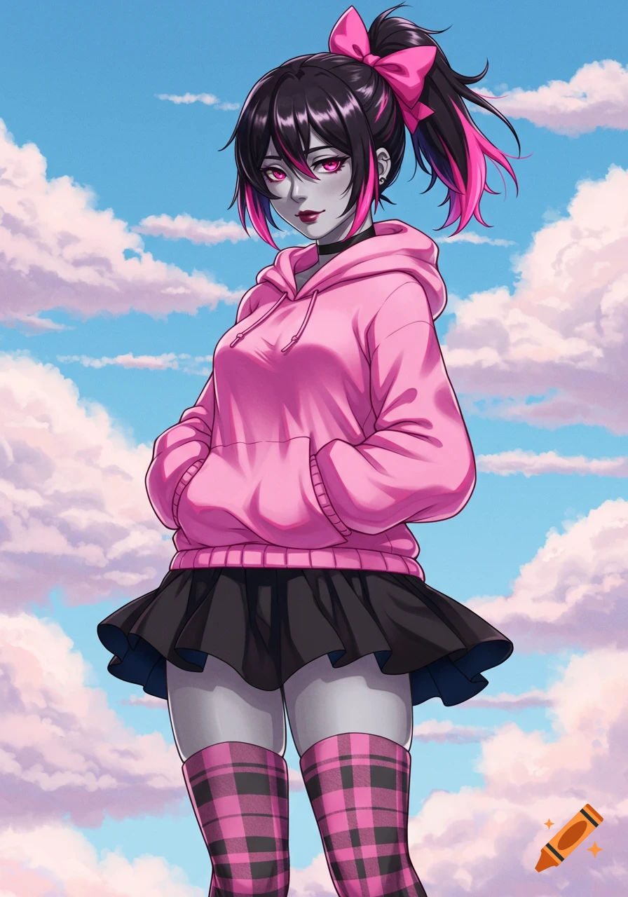 Anime-style female character with black and pink hair, gray skin, pink hoodie, black skirt, and pink plaid socks, against a cloudy sky.