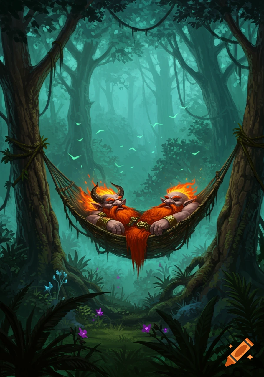 Two horned, fiery-bearded demonic dwarves sleep peacefully in a hammock in a lush, misty rainforest. Digital art.