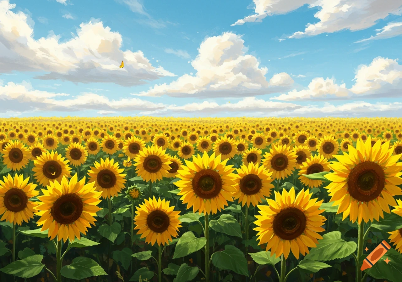 A vibrant painterly landscape of a vast sunflower field under a bright blue sky with fluffy white clouds.