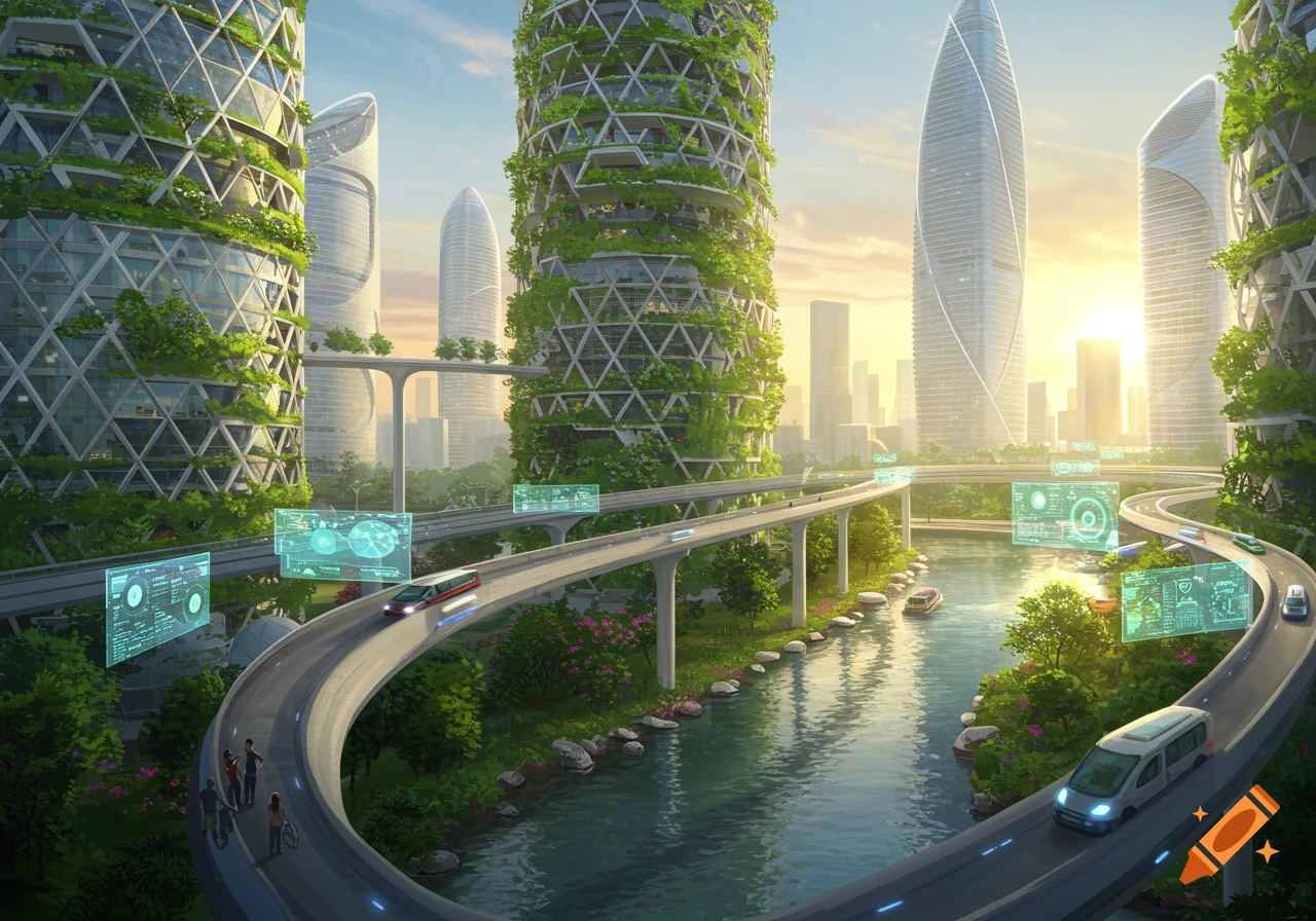 A vibrant futuristic city at sunset, featuring green skyscrapers, elevated roads with vehicles, a tranquil river, and holographic displays.