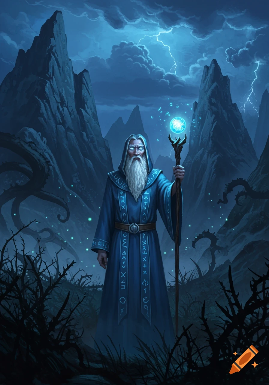 A blue-robed wizard with a white beard holds a glowing staff in a stormy, mountainous dark fantasy landscape under lightning.