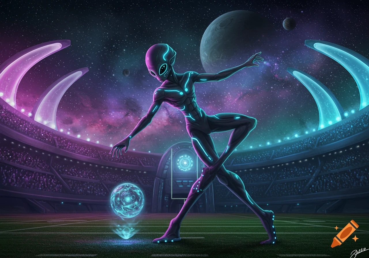 A tall, glowing alien stands in a futuristic stadium under a starry sky with planets, poised to kick an energy orb.