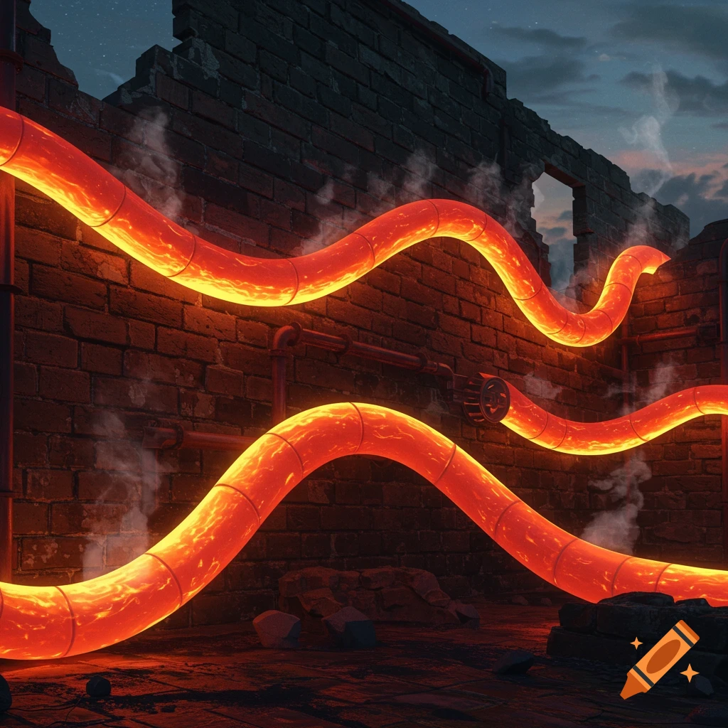 Glowing, wavy, red-orange pipes run through a dark, crumbling brick building with steam rising.
