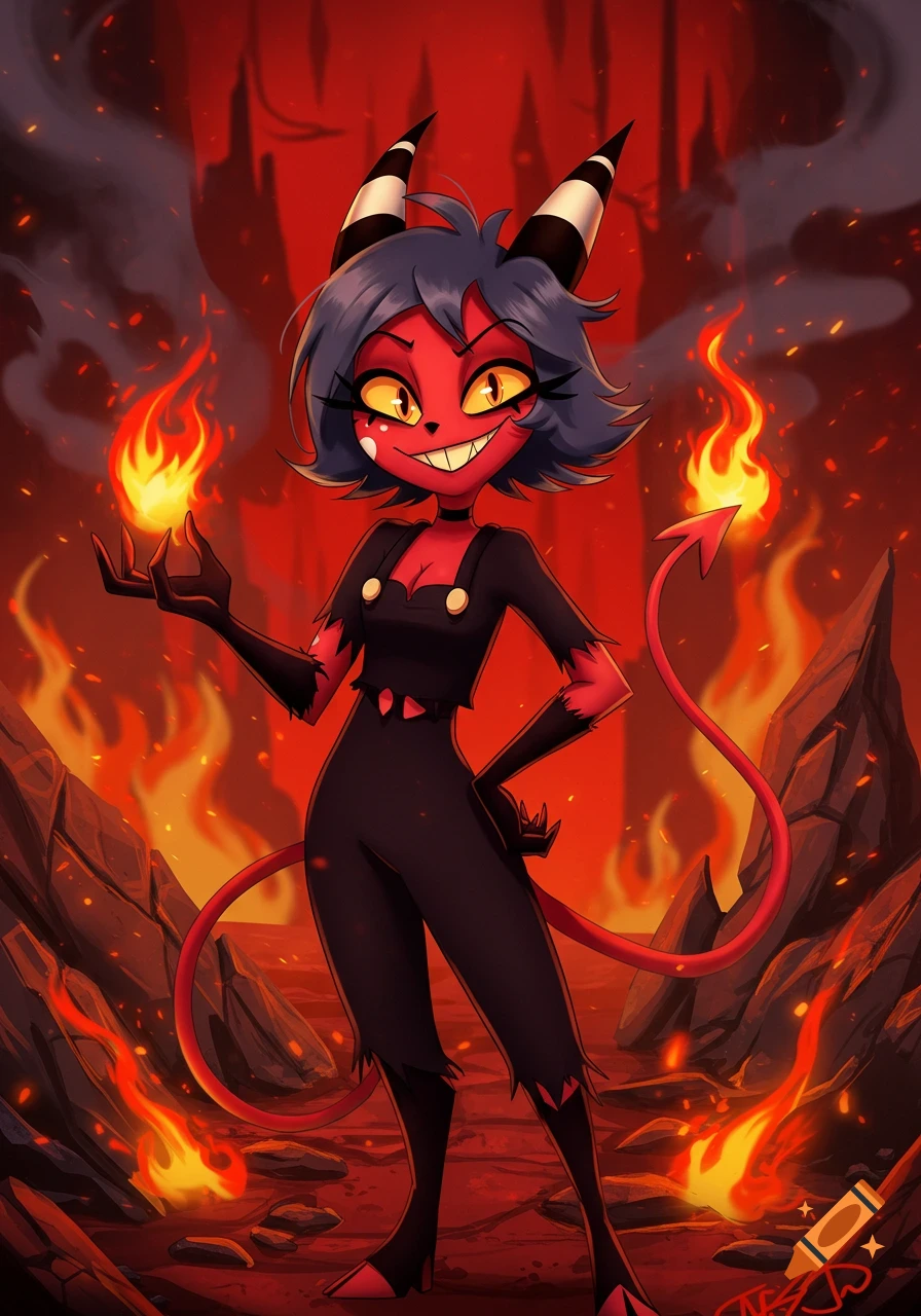 A red imp-like demon character with striped horns and black overalls smiles, holding fire in her hand, in a fiery landscape.
