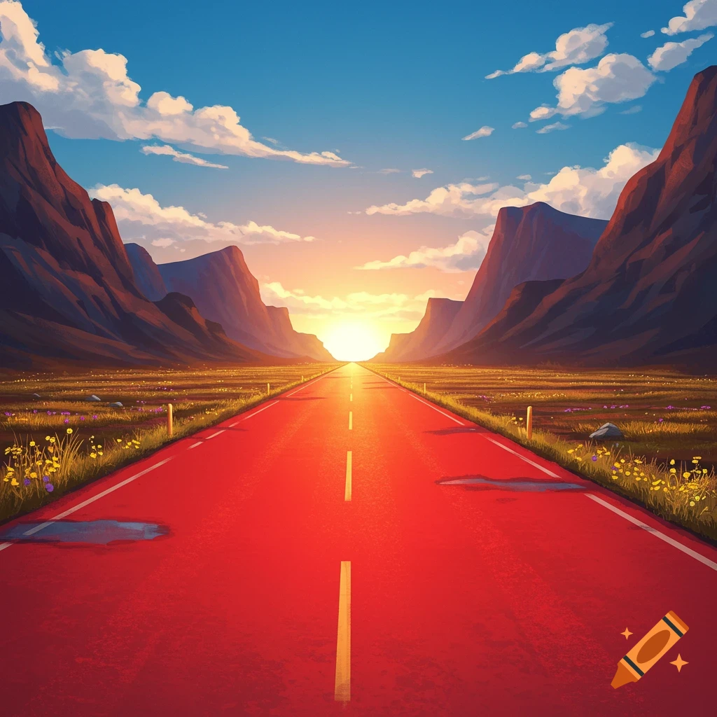 A stylized red road leads to a bright sunset between towering mountains, with fields and clouds under a blue sky.