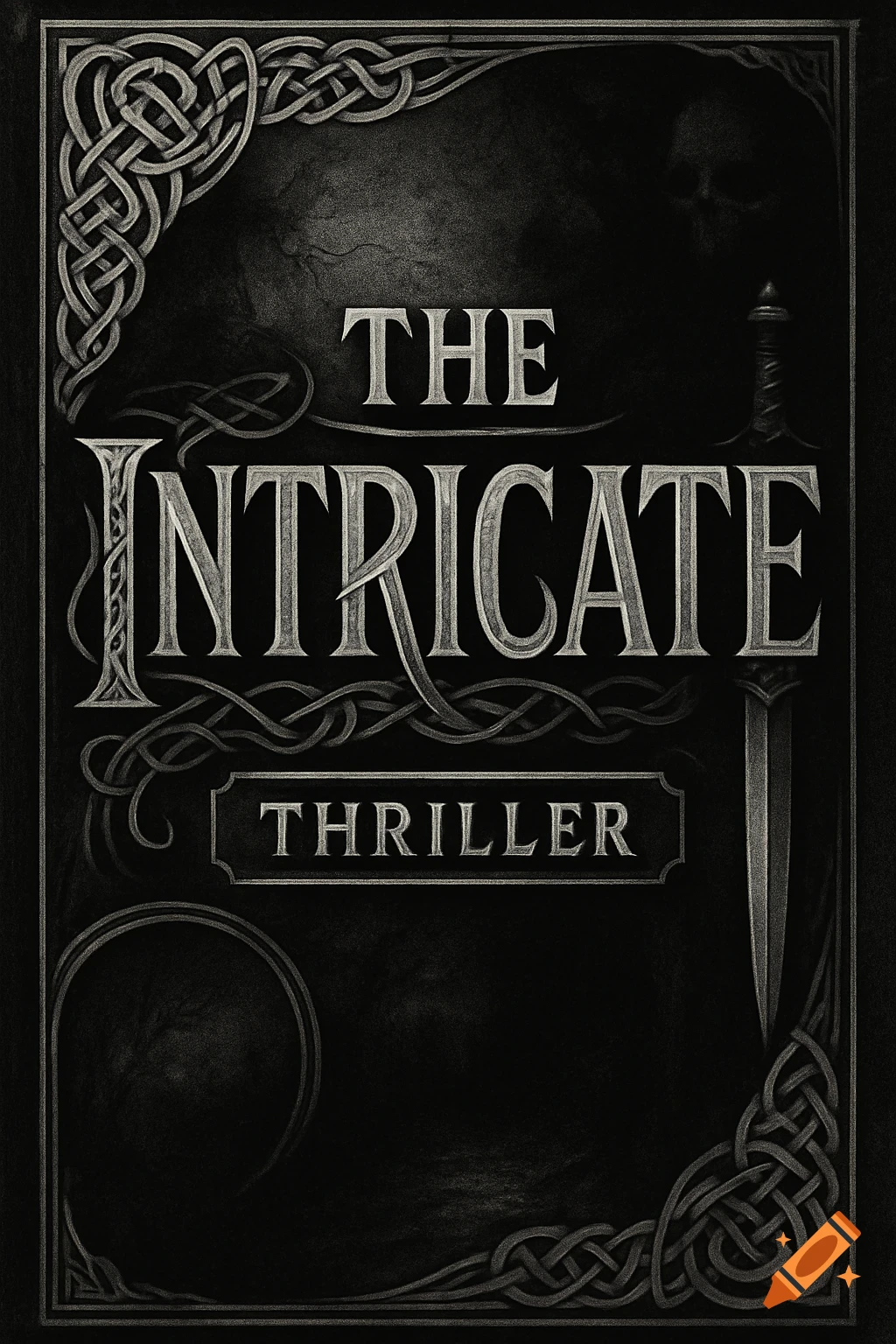 A dark, ornate book cover with 'THE INTRICATE THRILLER' in Victorian font, surrounded by Celtic knotwork and a dagger.