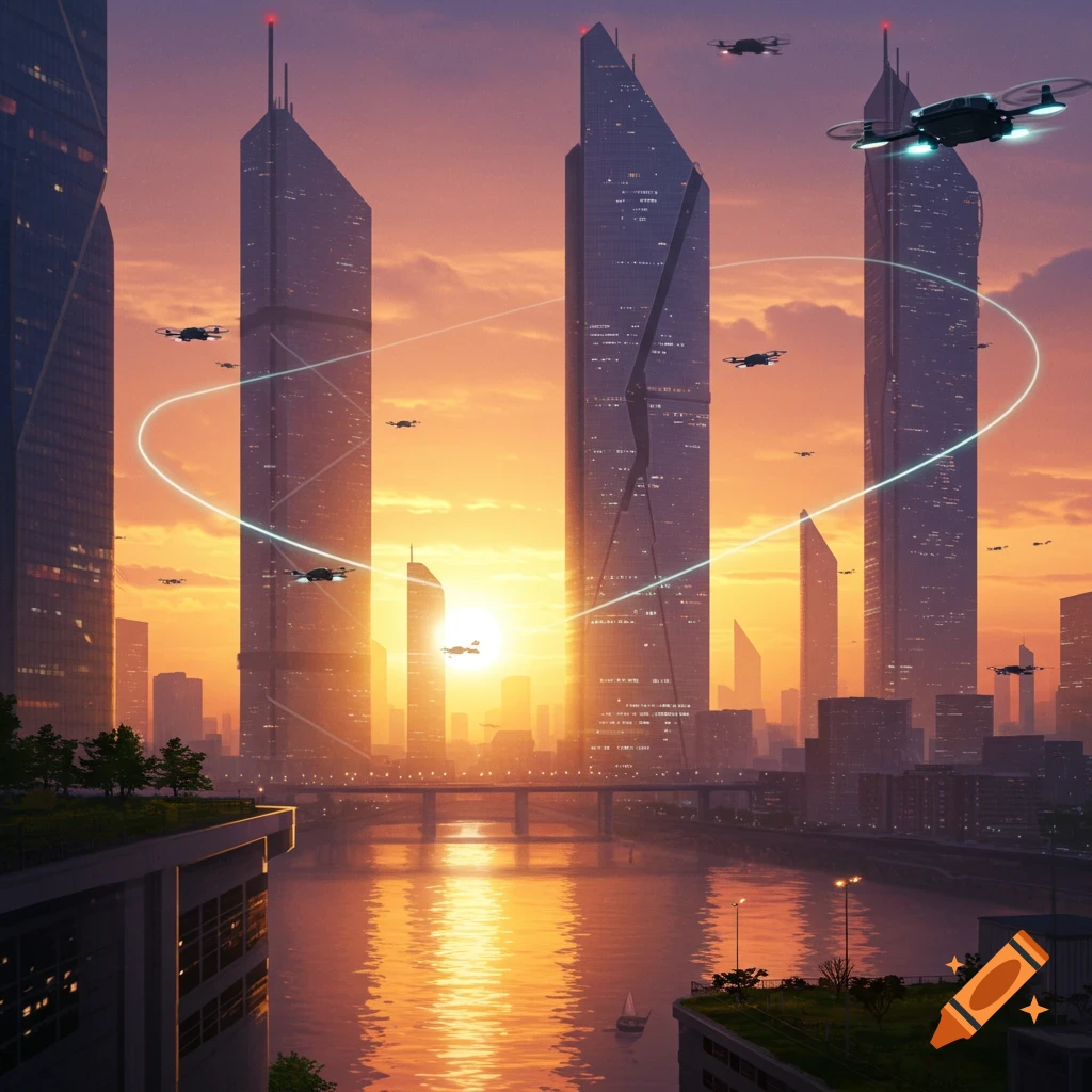 A vibrant futuristic cityscape at sunrise, with tall skyscrapers, a river, and numerous drones flying with light trails.