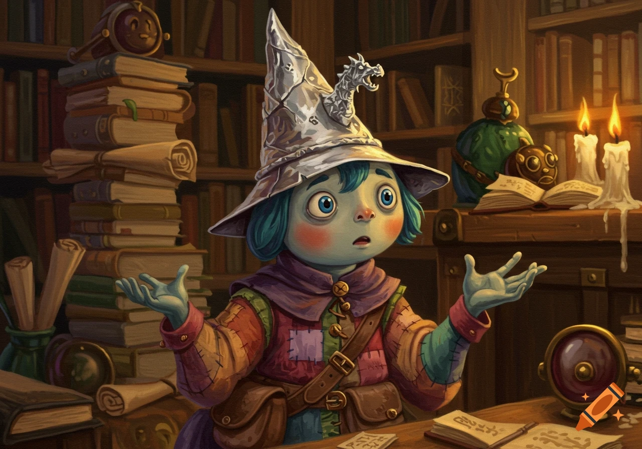 A surprised, blue-haired character in a silver wizard hat and patched clothes sits at a library desk, hands open. Oil paint style.