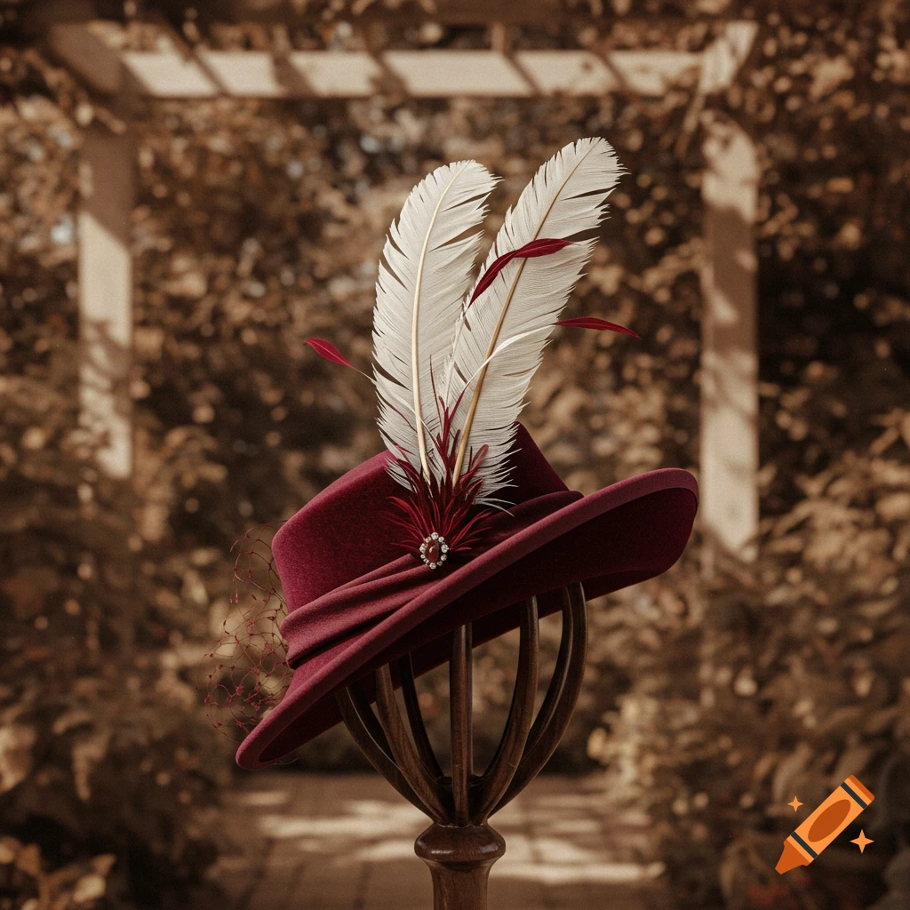 A burgundy wide-brimmed hat with ornate white and red feathers on a wooden stand against a blurred garden background.