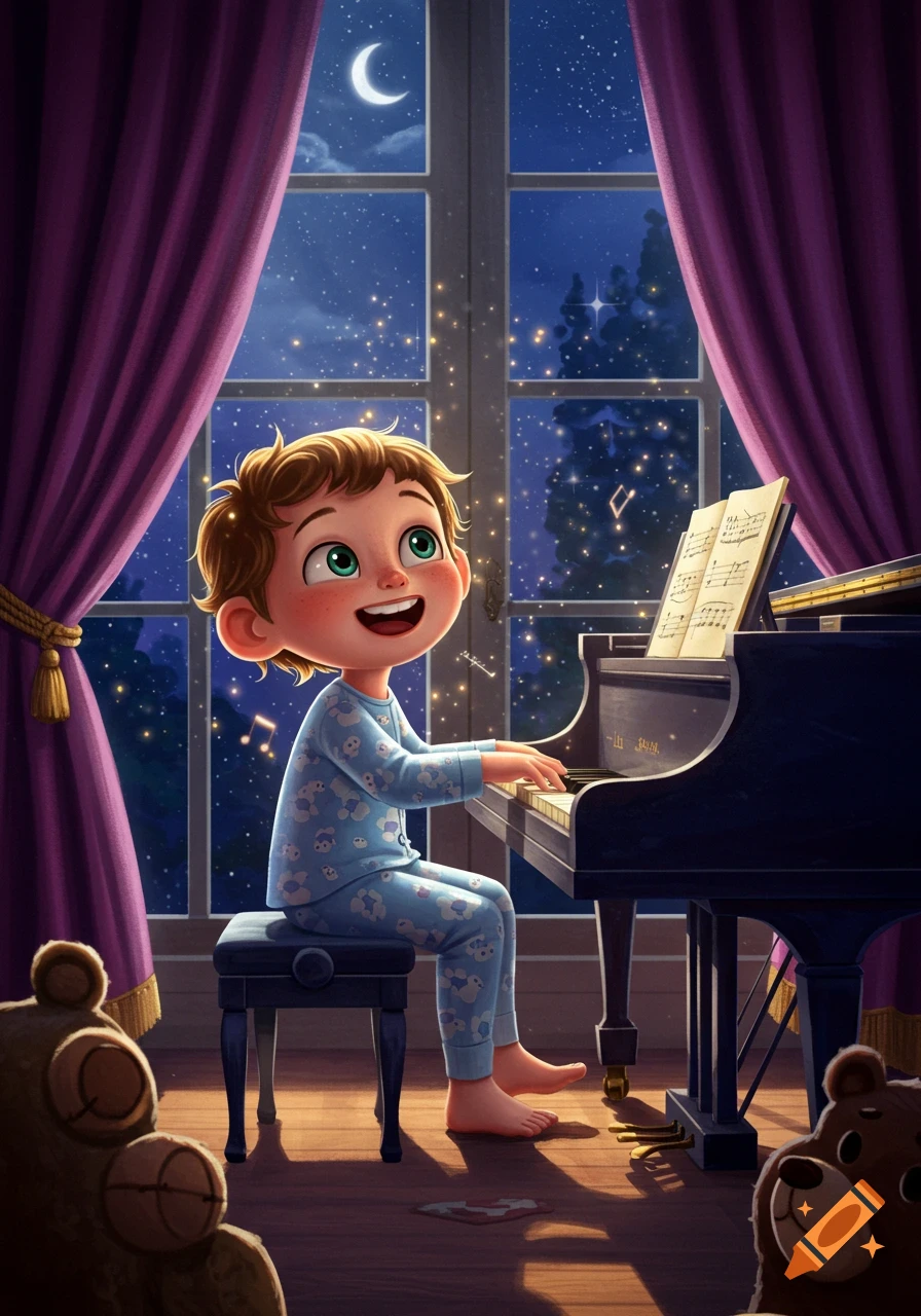 A happy child in pajamas plays a grand piano by a window, with a crescent moon and sparkling stars visible outside.