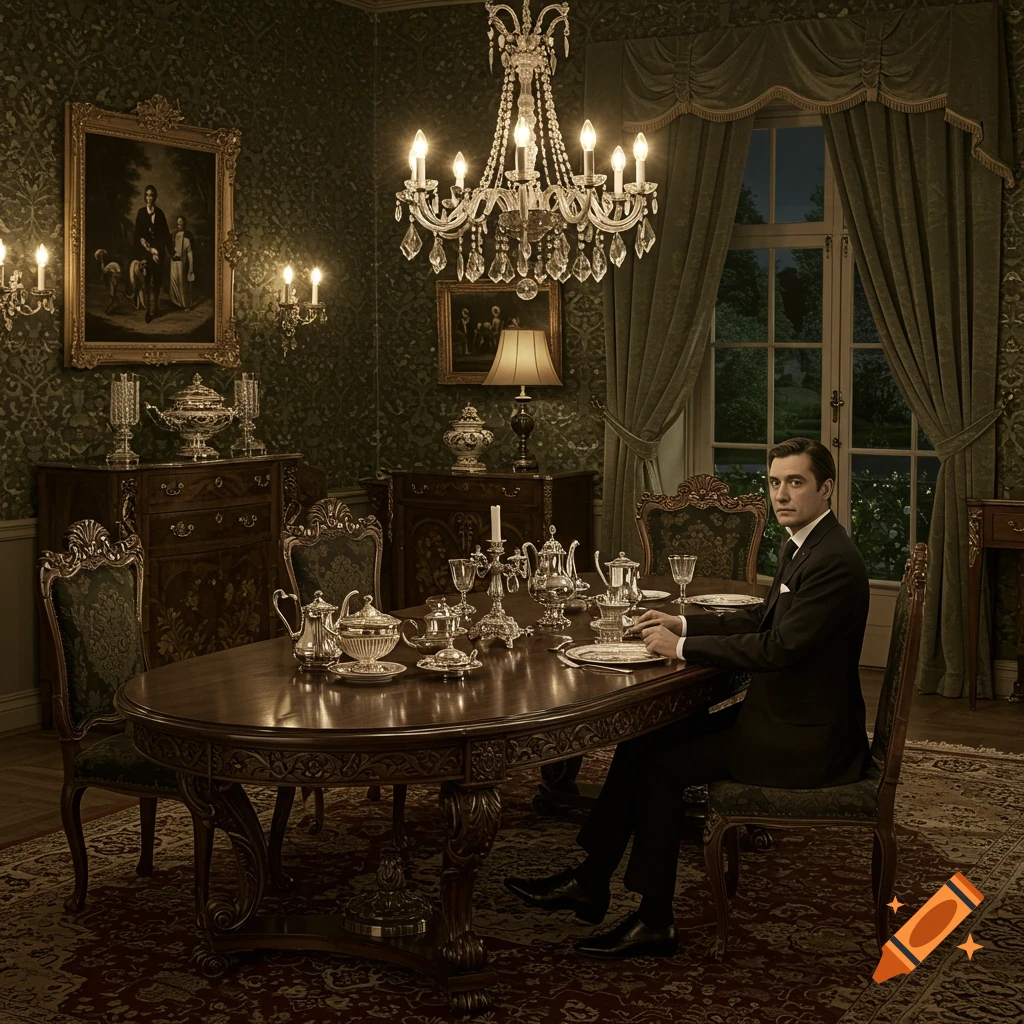 A formally dressed man sits at a grand wooden dining table set with elaborate silverware in a dark, richly decorated Victorian room, looking directly at the viewer.