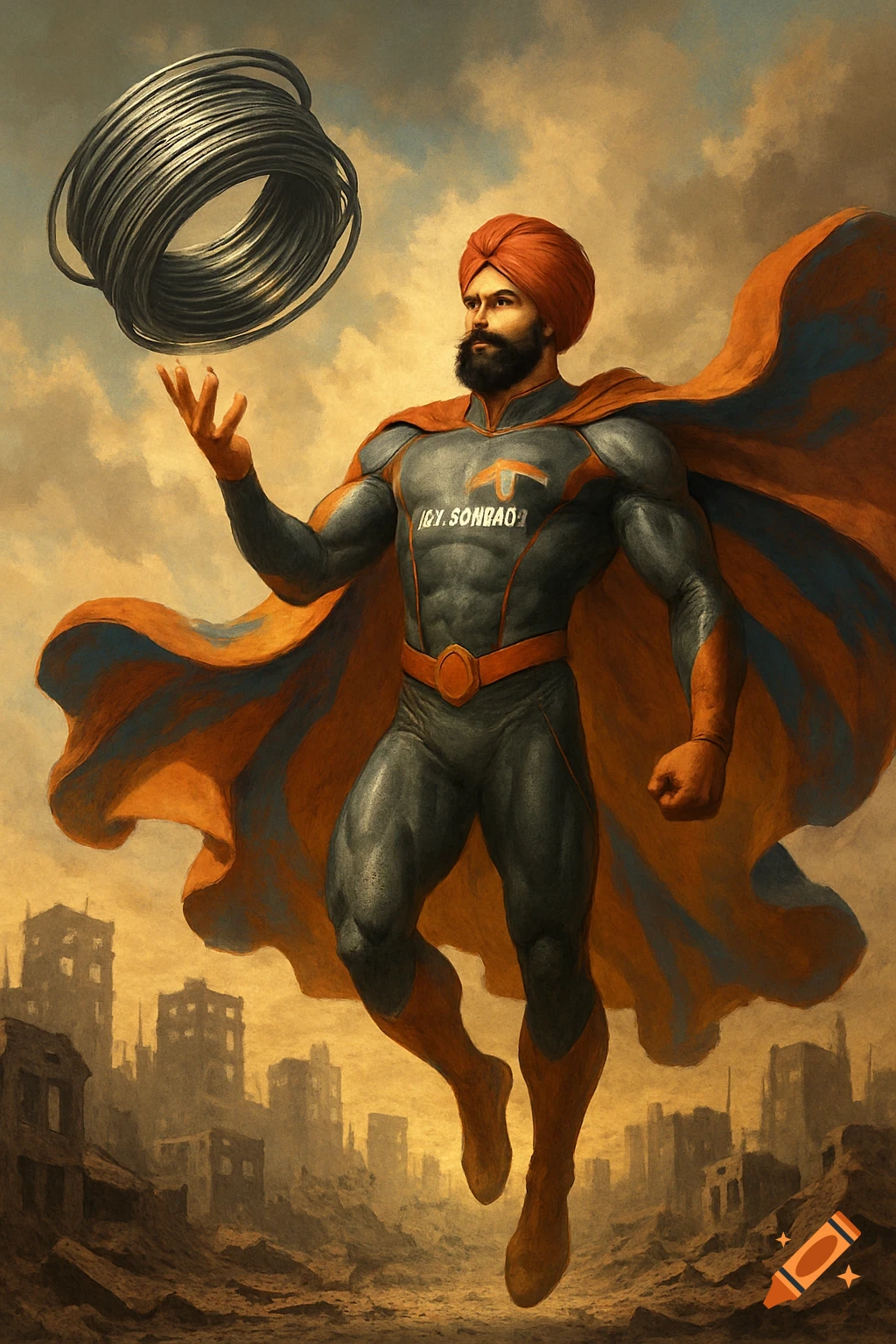 A muscular Indian superhero with an orange turban, beard, and flowing cape floats above a ruined city, levitating a coil of steel.