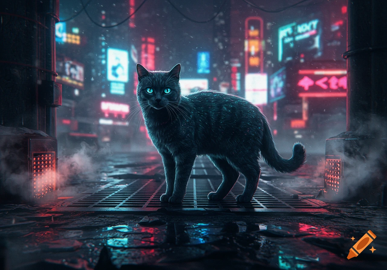 A petrol-colored cat with glowing blue eyes stands on a wet grate in a rainy cyberpunk city street lit by neon signs.
