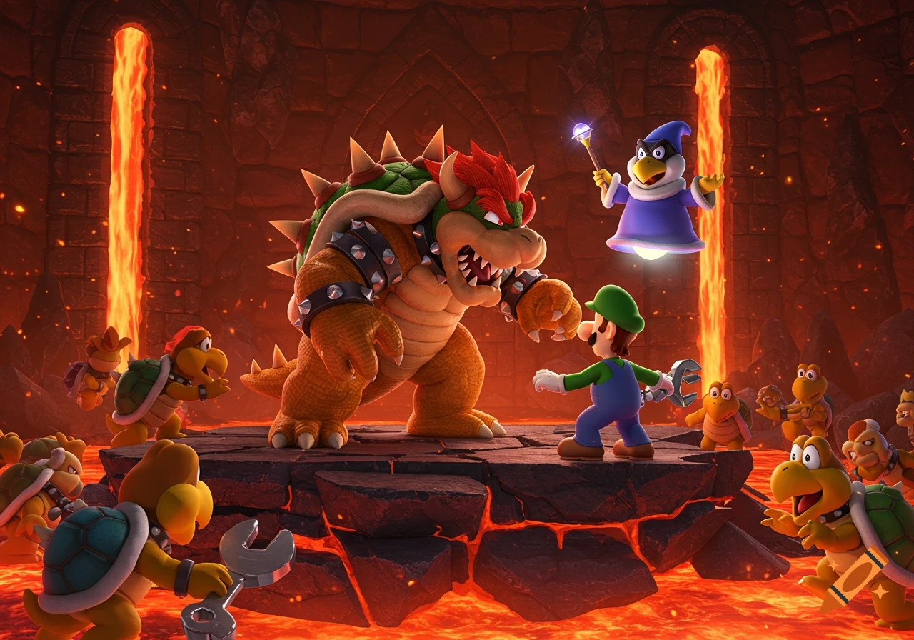 Bowser and Luigi confront each other in a fiery lava castle with Kamek and Koopas present.