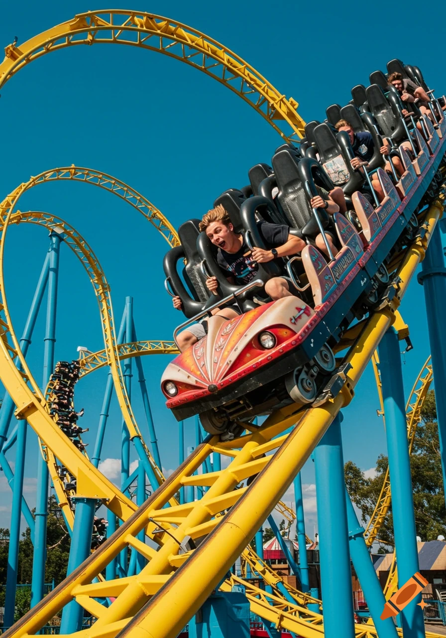 A young man screams with excitement on the front car of a yellow and blue rollercoaster, under a bright blue sky.