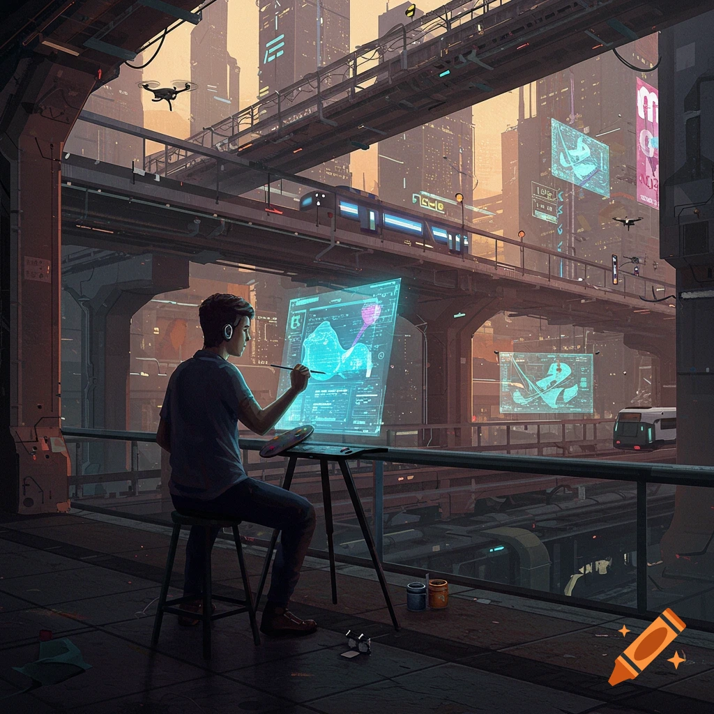 A man draws on a holographic screen in a detailed futuristic cityscape with elevated trains and drones.