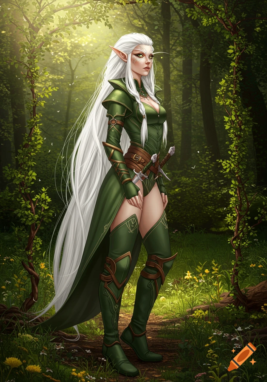 An elf woman with long white hair, pointed ears, and green hunting attire with daggers, standing in a lush, sunlit forest.