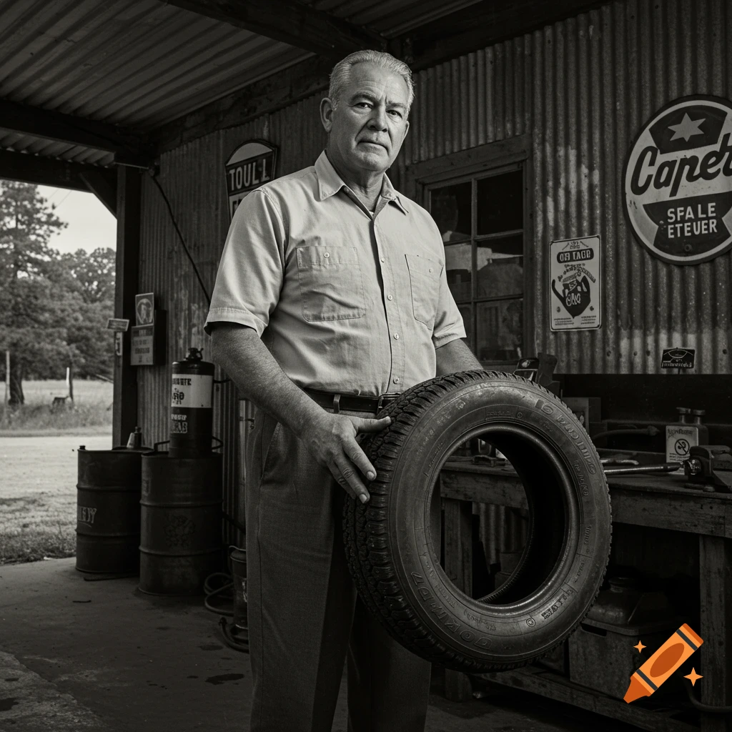 Black and white portrait of a man holding a car tire in a rustic garage.