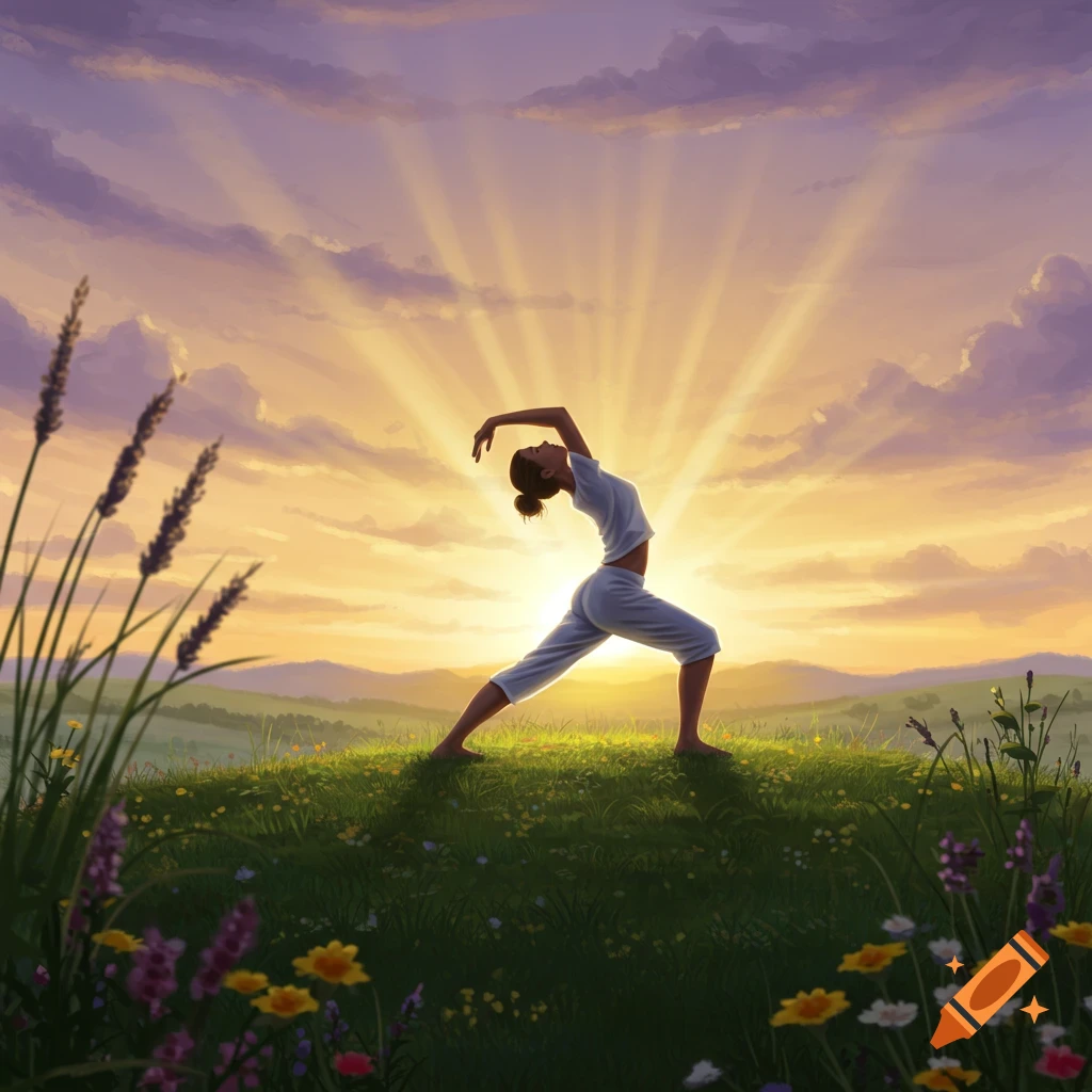 A woman in white activewear performs a yoga stretch on a grassy hill, silhouetted against a radiant sunrise sky.