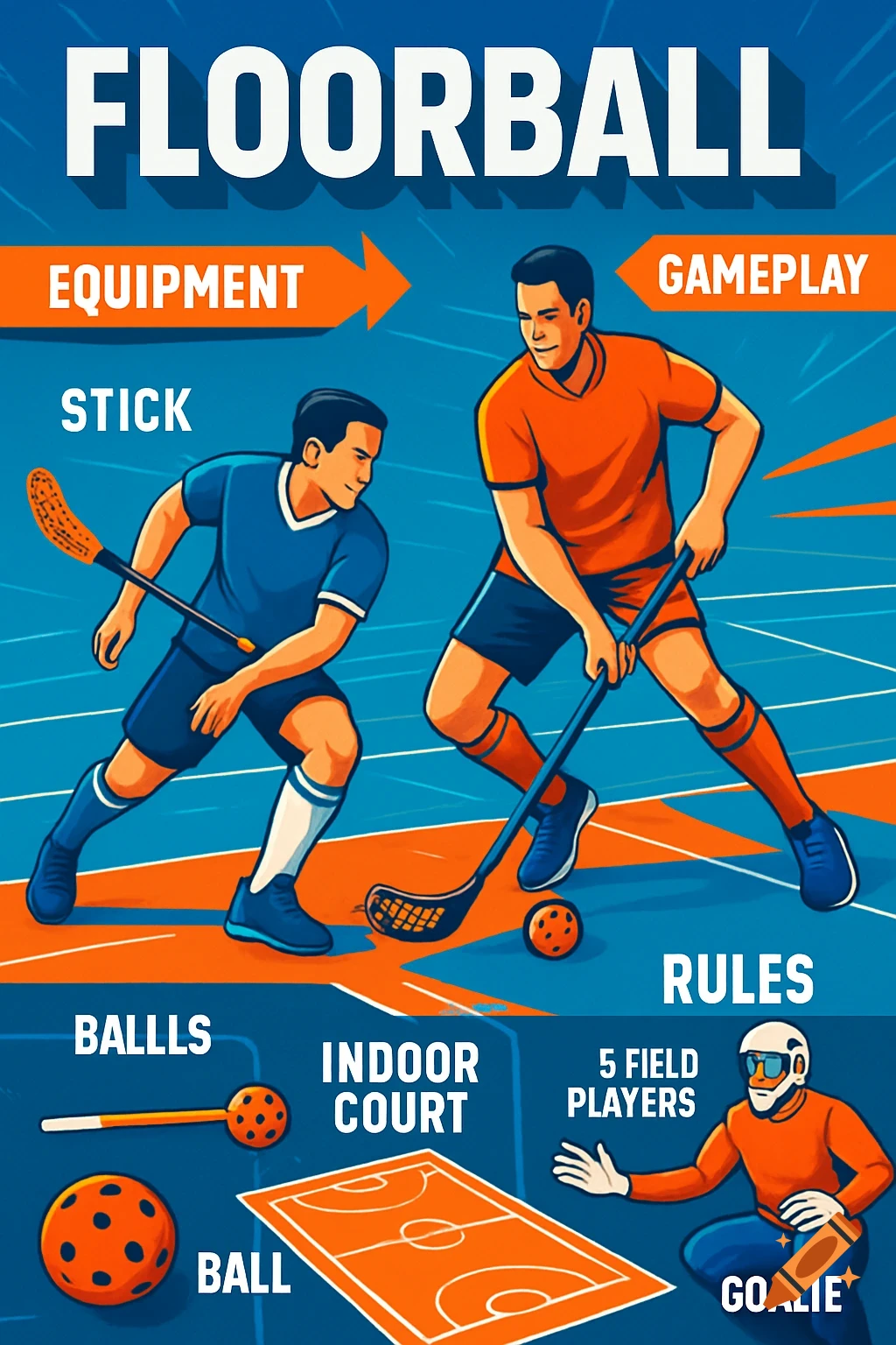 A stylized infographic explaining floorball with players, equipment, a court diagram, and rules.