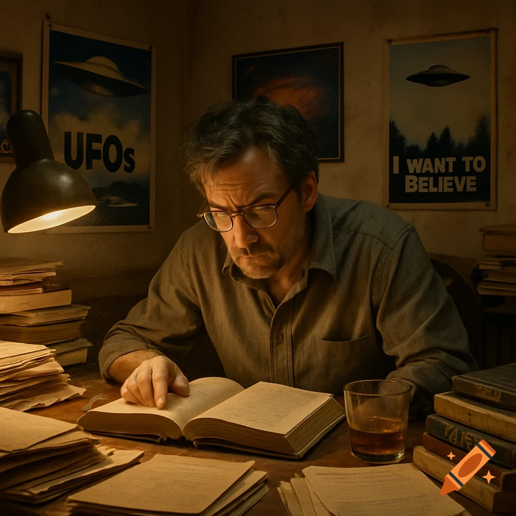 A man with glasses intently reads an old book at a desk under a lamp, surrounded by stacks of papers and UFO posters on the wall.