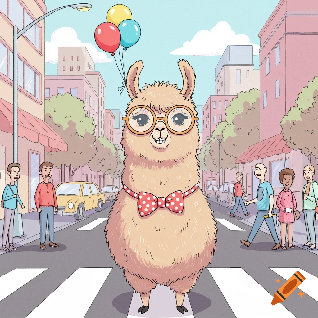 A cartoon llama in glasses and a bow tie stands on a city crosswalk, holding balloons, with people and buildings behind.