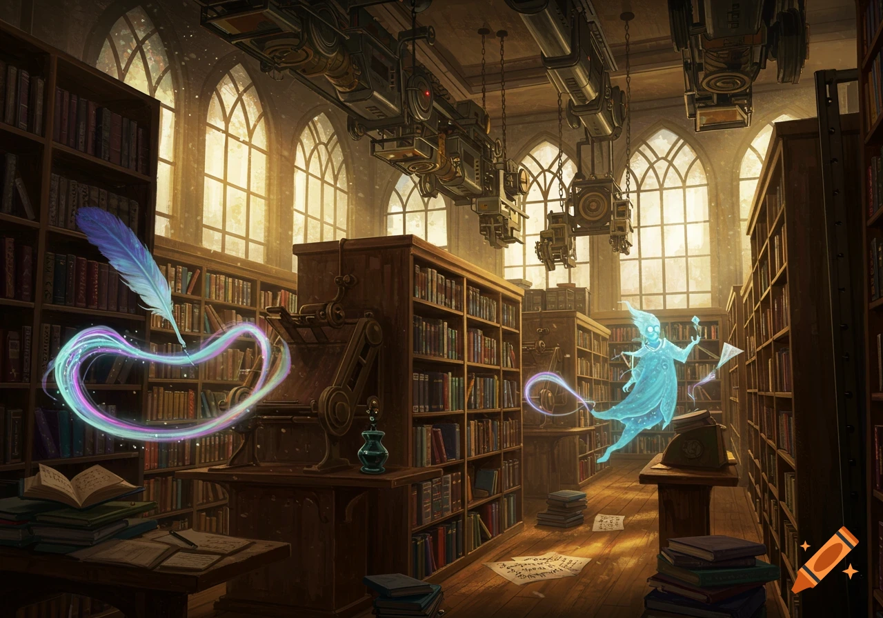 A magical quill with a glowing trail and a blue ghost in a vast, detailed steampunk library with arched windows and mechanical structures.