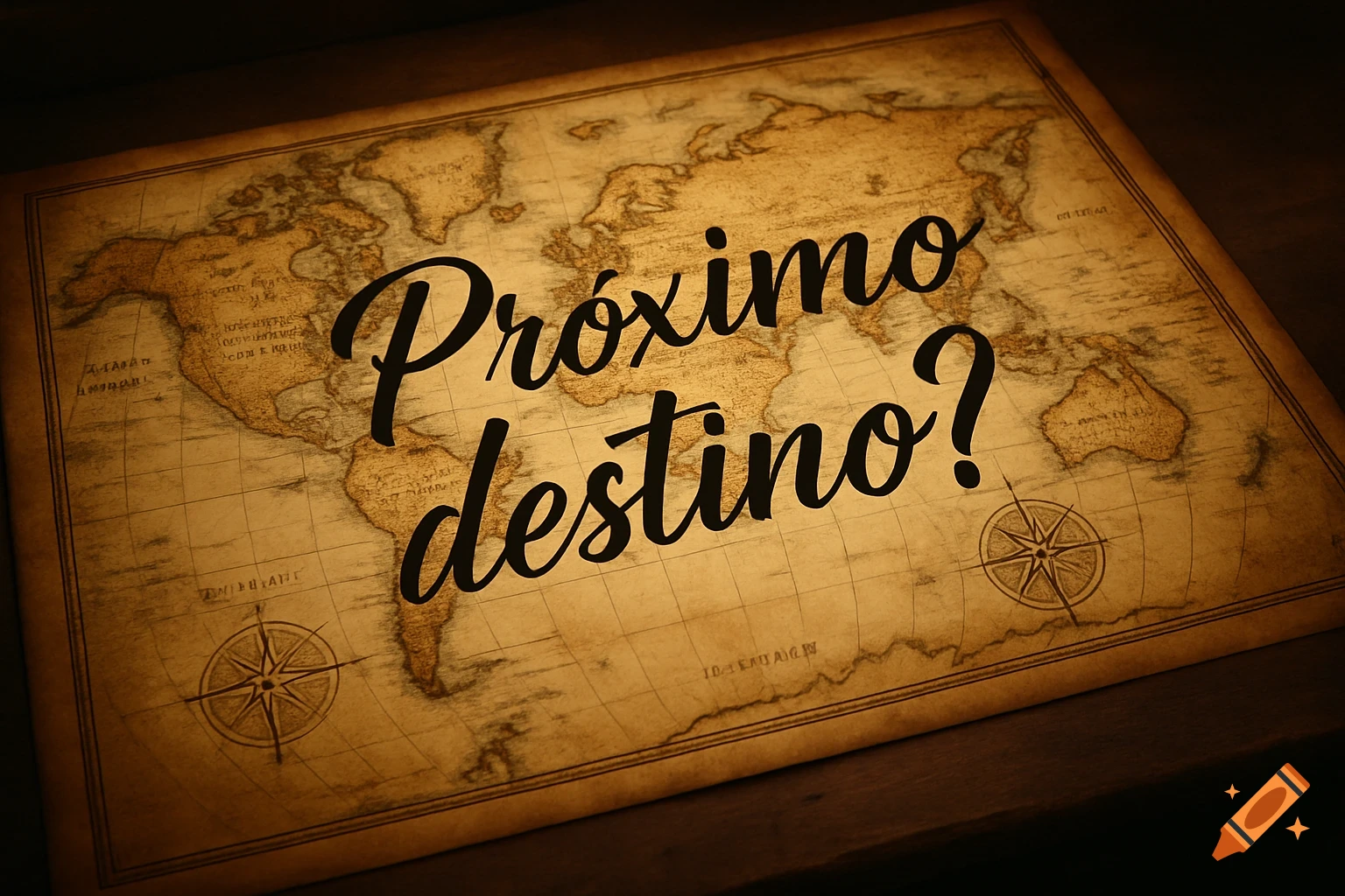 An antique world map with a compass rose, displaying the phrase 'Próximo destino?' in elegant black calligraphy.