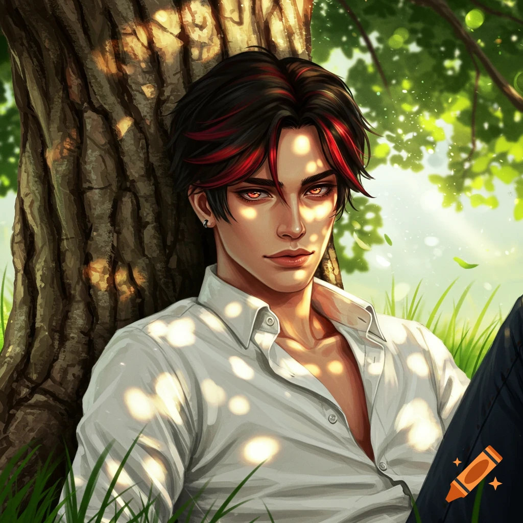 A young man with black and red streaked hair, light skin, and glowing amber eyes leans against a tree in dappled sunlight.