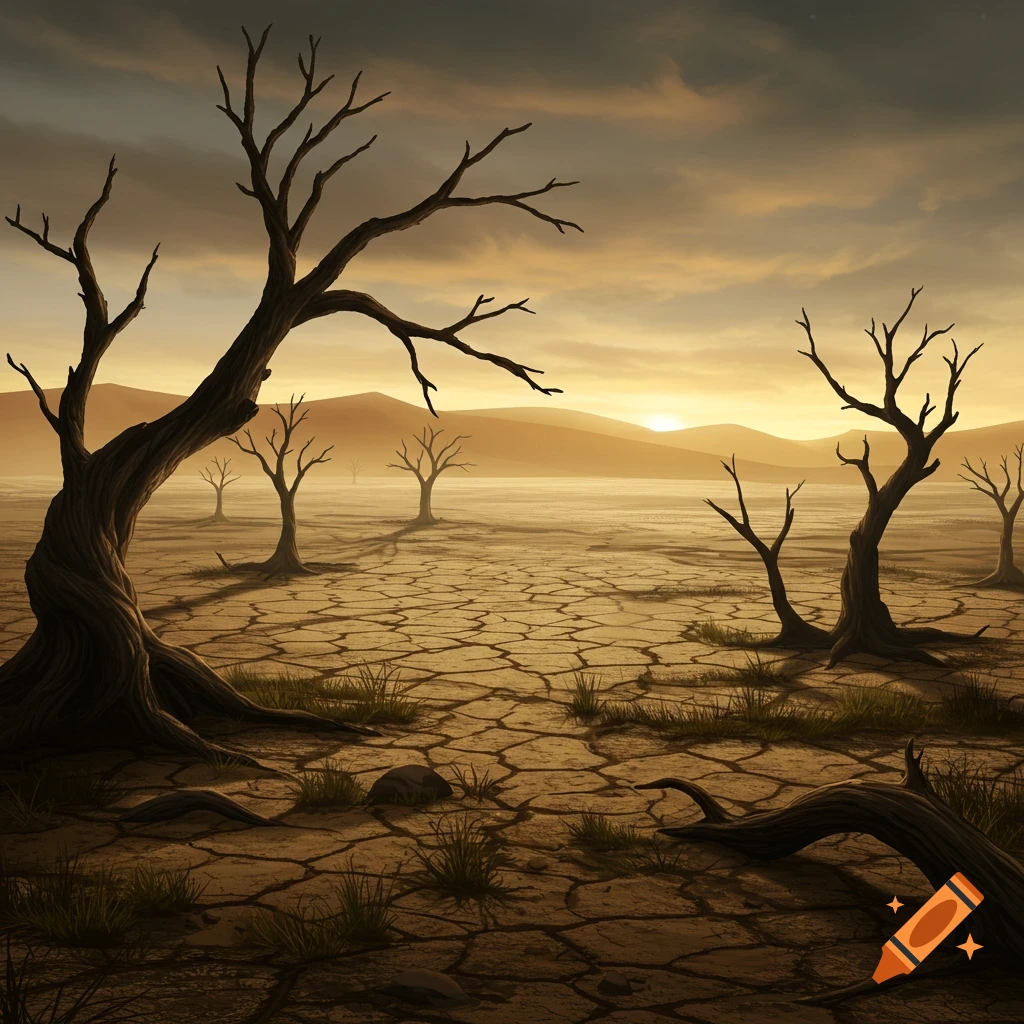 A desolate wasteland scene with cracked earth, gnarled dead trees, and distant hills under a dramatic orange and gray sunset.