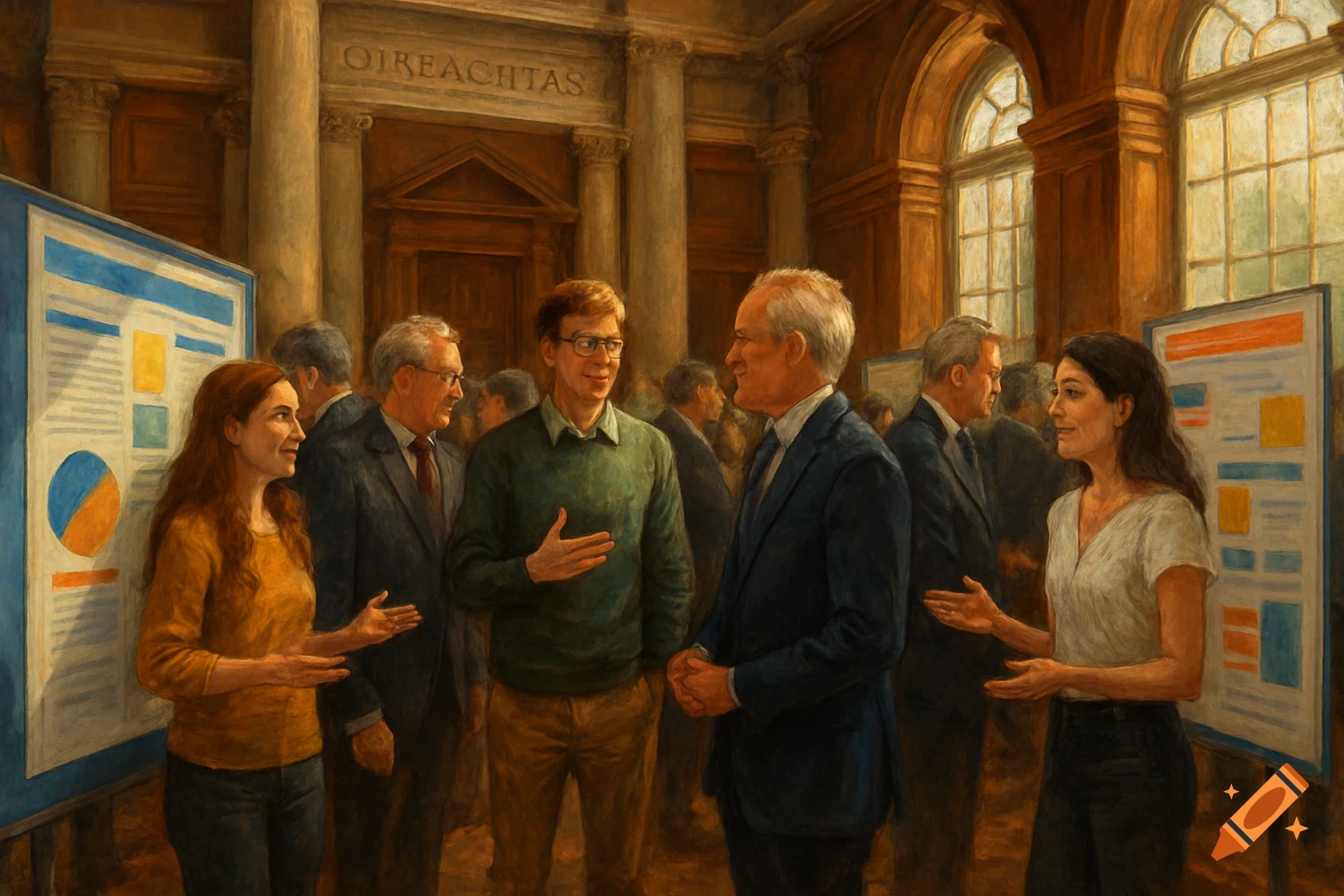 An oil painting of a group of people, including students and politicians, mingling in a grand hall with posters and large windows, resembling an academic or political event.