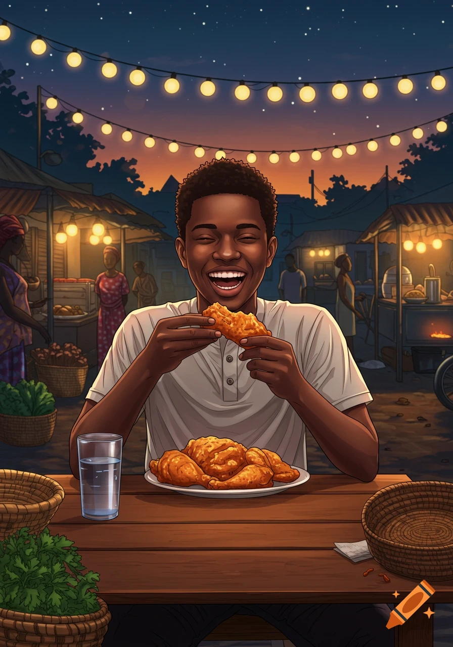 Illustration of a Black man with a large afro eating fried chicken and  drinking Kool-Aid at a picnic. on Craiyon, image size:896x1280