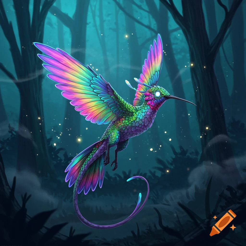 A vibrant, rainbow-colored hummingbird-like fantasy creature with a glowing eye and long tail flies in a dark, mystical forest.