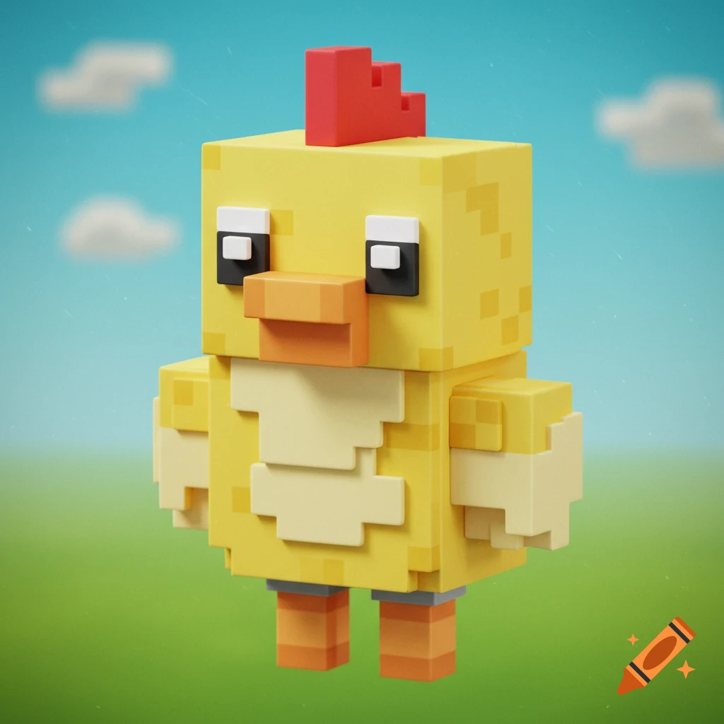 A bright yellow voxel-style chicken character with a red comb and orange beak, standing on green grass under a blue sky.