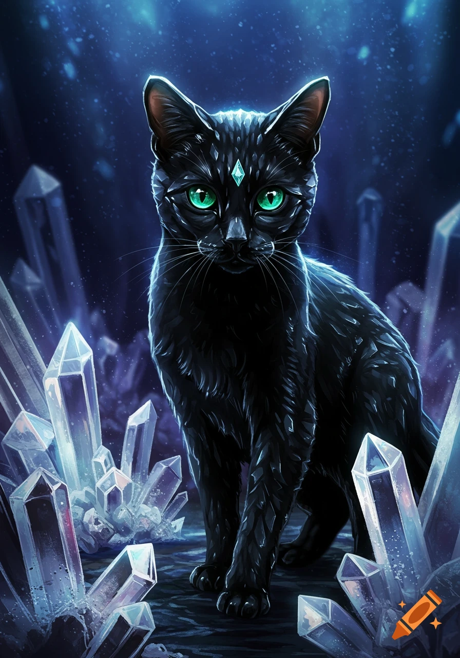 A mystical black cat with glowing green eyes and a crystal on its forehead stands among large, glowing blue crystals in a dark fantasy setting.