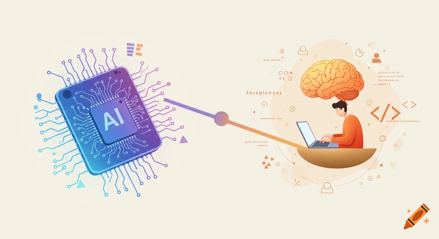 Minimalist illustration of a blue-purple AI chip connected to a human working on a laptop with an orange brain above, representing AI and human interaction.