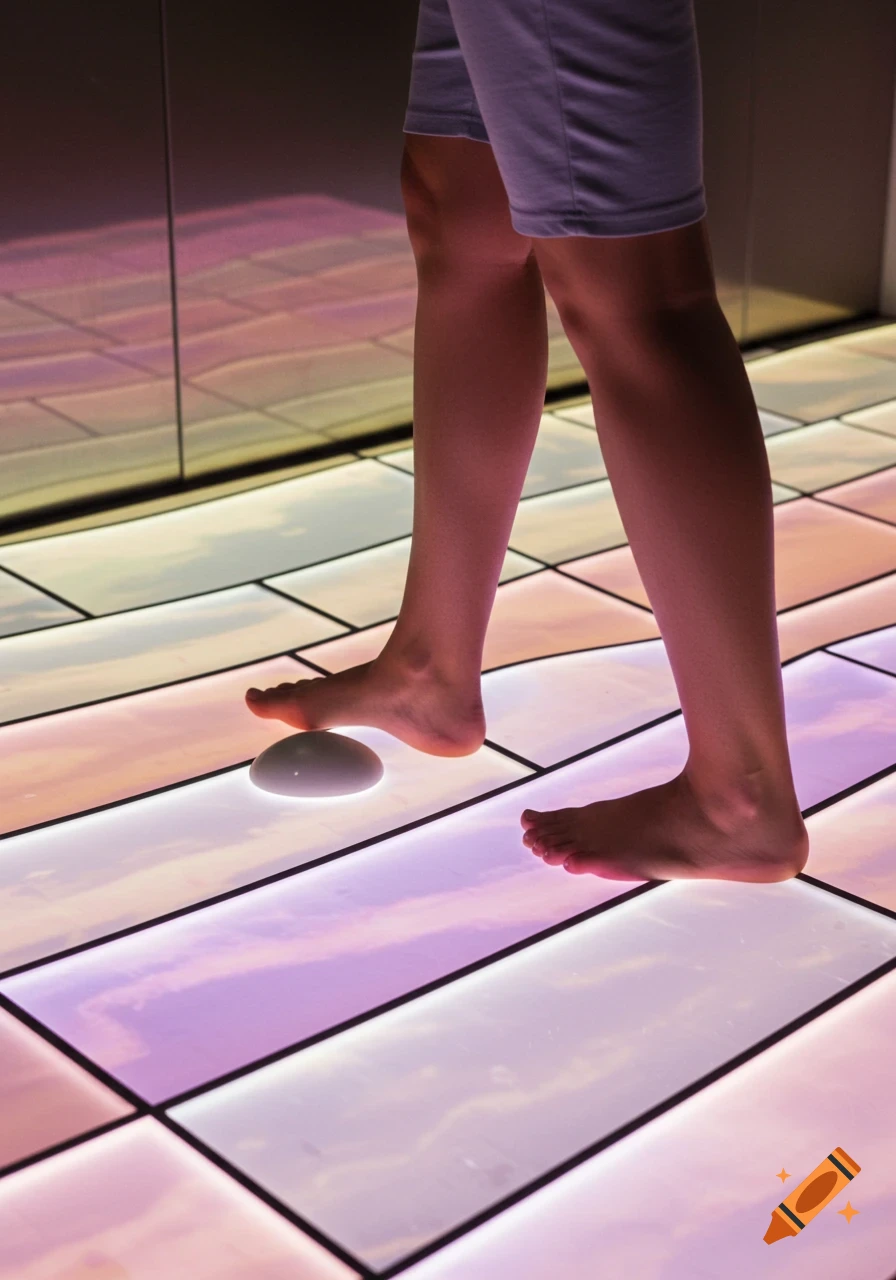 Bare feet step on an interactive, light-up floor with glowing, multicolored squares, reflecting light onto the person's legs.