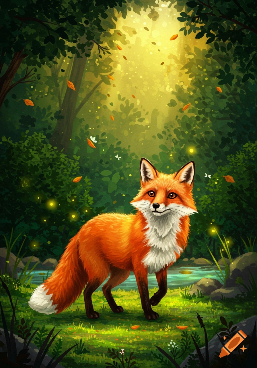 An adorable orange and white fox stands in a vibrant, sun-dappled magical forest with glowing fireflies, digital painting.