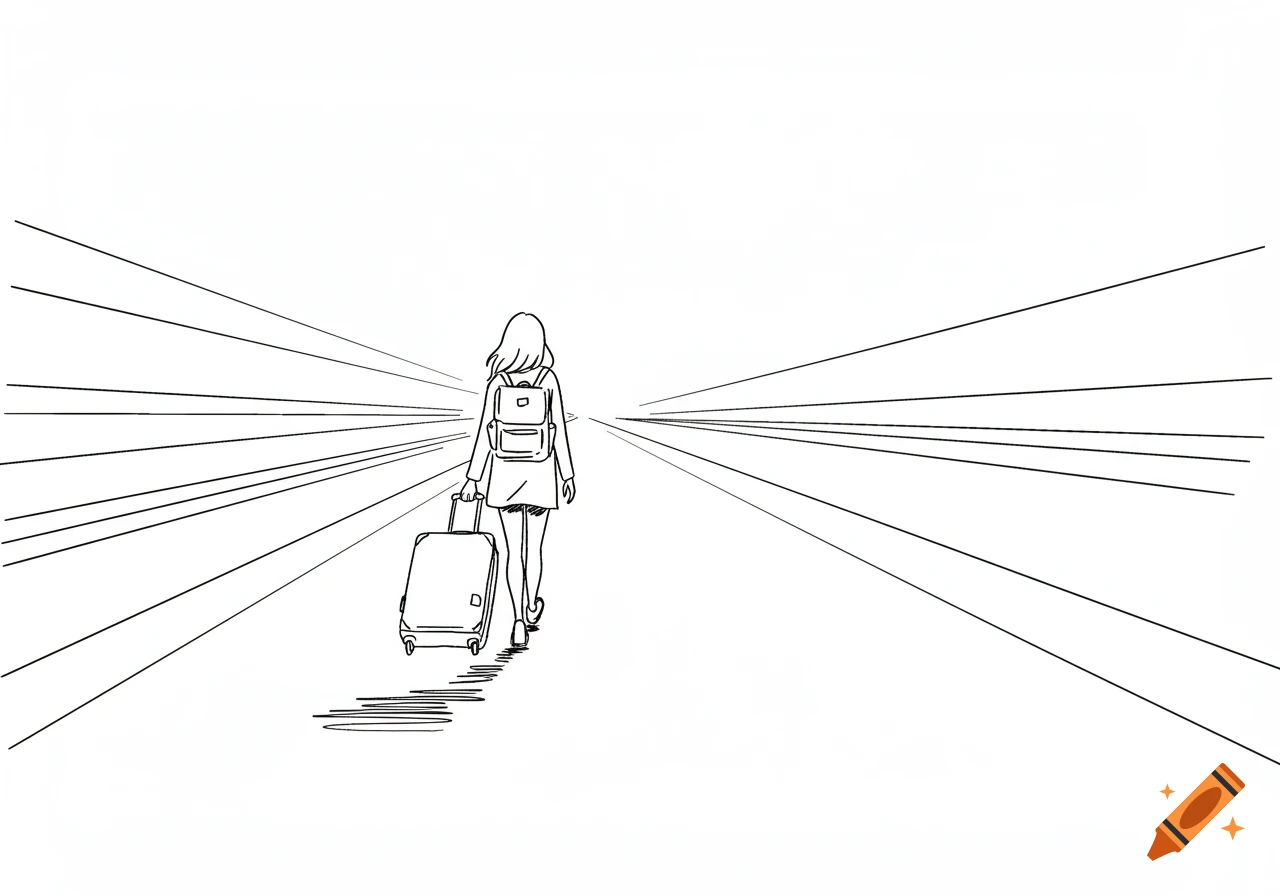 A minimalist black and white line drawing of a woman seen from behind, walking away with a suitcase and backpack, on a path with perspective lines.