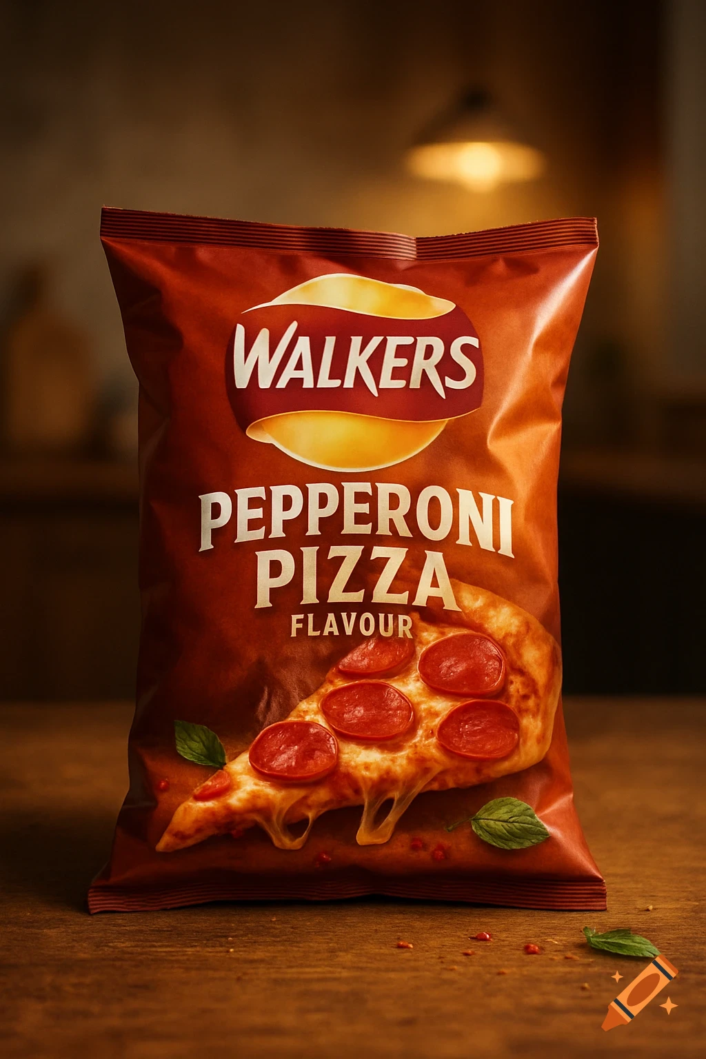 A red packet of Walkers Pepperoni Pizza flavour crisps with a realistic slice of pepperoni pizza on the front, on a wooden surface.